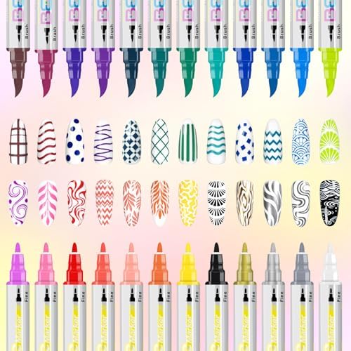 Betem Nail Art Pens Set, Dual Tip 24 Colors Nails Art Markers Non-Toxic, Quick-drying Nail Polish Pens, Acrylic Nail Kit for Home & Salon DIY, Easy French Manicure Tool, Gifts for Mom, Friends