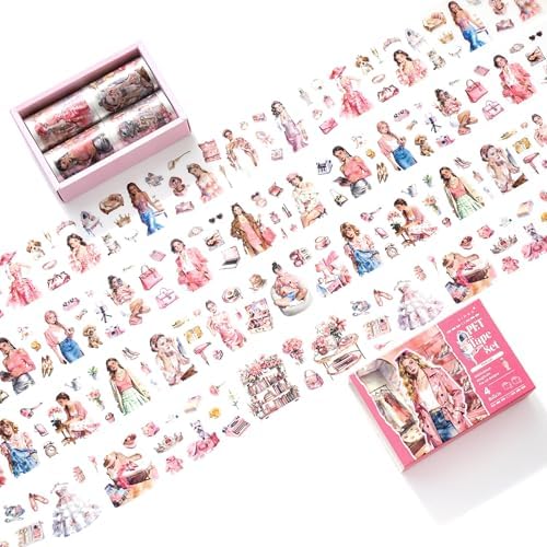 4 Rolls PET Tapes Pre-Cut Stickers for Scrapbooking Pink Life People Stickers Tape journaling