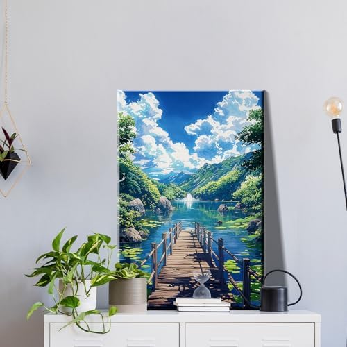 JOOZ Paint by Numbers Kit for Adults with Frame, Landscape Paint by Numbers with Easel, Lake Mountain Paint by Number with Frame, DIY Easy Paint by Numbers Kit for Adults Home Wall Decor 8 x 12 Inch
