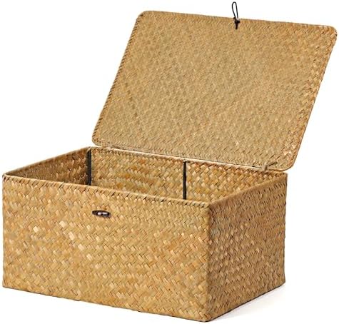 Nonam Large Wicker Basket with Lid,Seagrass Shelf Storage Basket,Natural