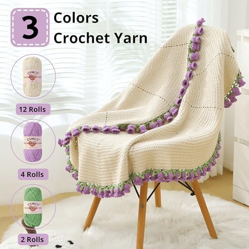 CSWCS Crochet Blanket Kit for Beginners, 40 inches Flower Bouquet Shawl Throw Kits for Adults, Learn How to Knitting with Yarn, Hook & Instructions, Gifts for Women Home Decor (Lily of The Valley Kit)