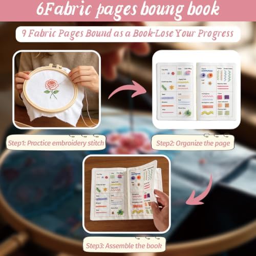 Bonroy Beginner Embroidery Stitch Book with Fabric Pages, Essential Stitches in Structured Learning Order for Adults, DIY Sewing Kit with Floral Motifs, Practice Patterns