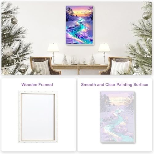 SENQAO Christmas Paint by Numbers for Adults Framed, Snowy River Scene Adults' Paint-by-Number Kits, Adult Paint by Number Kits on Canvas, Acrylic Number Painting for Home Decor, 8x12inch