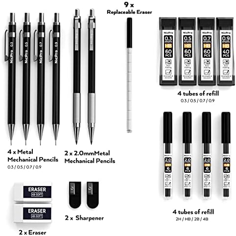 Nicpro 6 PCS Art Mechanical Pencil Set, Black Metal Drafting Pencil 0.3, 0.5, 0.7, 0.9 mm & 2PCS 2mm Graphite Lead Holder(4B 2B HB 2H) For Writing Sketching Drawing With 8 Lead Refills Eraser Case