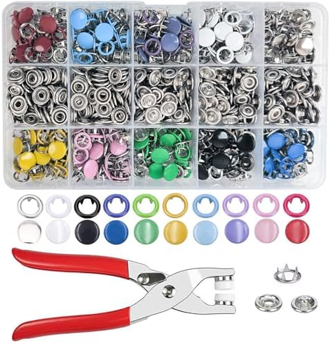 Minestylish 200 Sets Metal Snaps Buttons with Fastener Pliers Press Tool Kit Perfect for DIY Crafts Clothes Hats and Sewing, Snap Button Fasteners Kit for Clothing(Colorful / 800 PCS)
