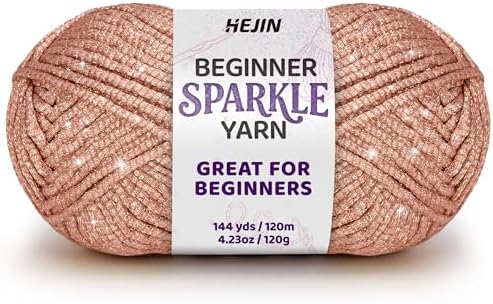 HEJIN 120g Rose Gold Sparkle Yarn for Crocheting and Knitting | 120m(144yds) for Beginners with Easy-to-See Stitches; Worsted-Weight Medium #4; Yarn for Beginners Crochet Kit Making