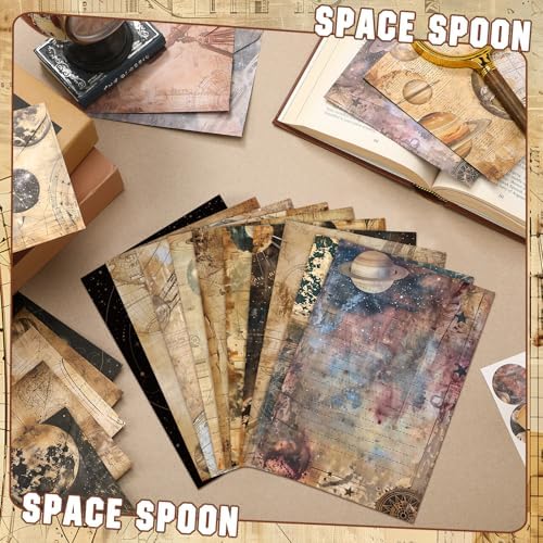 TaoBary 160 Pcs Space Spoon Stationery Paper and Envelopes Set 50 Double Sided Lined Stationery Paper with 50 Matching Envelopes and 60 Round Dot Sticker 5.5 x 8.25'' Letter Writing Kit, 10design