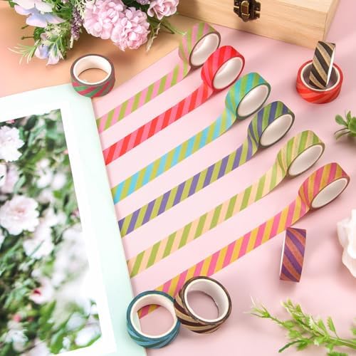 Whaline 12 Rolls Striped Washi Tape Masking Tape Set Colorful Cabana Stripe Decorative Wrapping Paper Tapes Boxed for Birthday Scrapbook Journal DIY Crafts