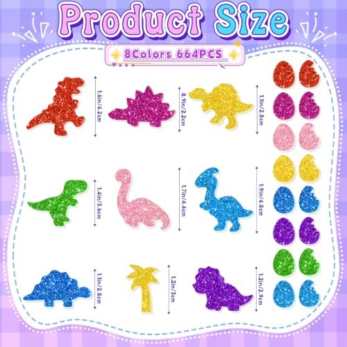 664 PCS Glitter Foam Stickers, Foam Dinosaur Stickers for Crafts, 8 Colors