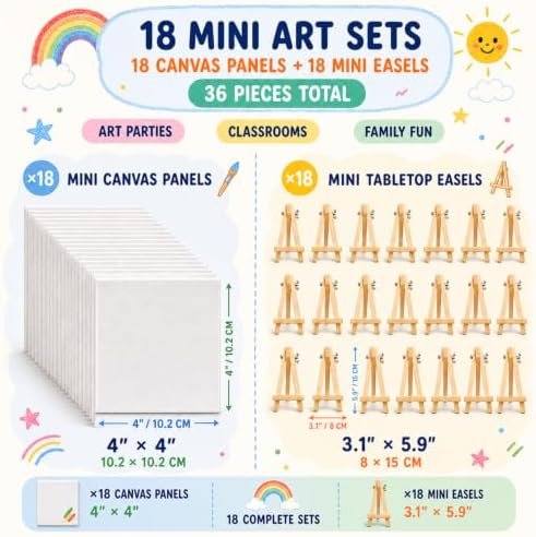 18-Set Mini Canvas Boards with Easels, 4 x 4 Inch, Paint Party