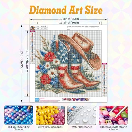 Cowboy Boot Diamond Art Kits for Adults Beginners 14x14 in, DIY Craft Gift