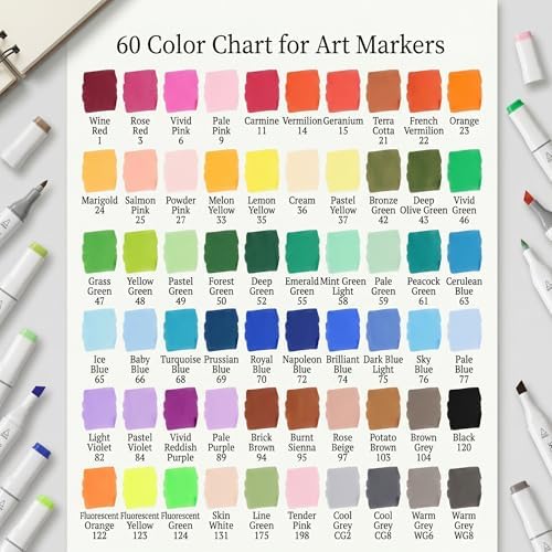 Alcohol Markers Set 60 Colors, Dual Tip Art Markers, Alcohol Based Markers for Adult Coloring Books, Artist Supplies, Chisel & Fine Tip with Black holder, Color Checking Card (60 Colors)