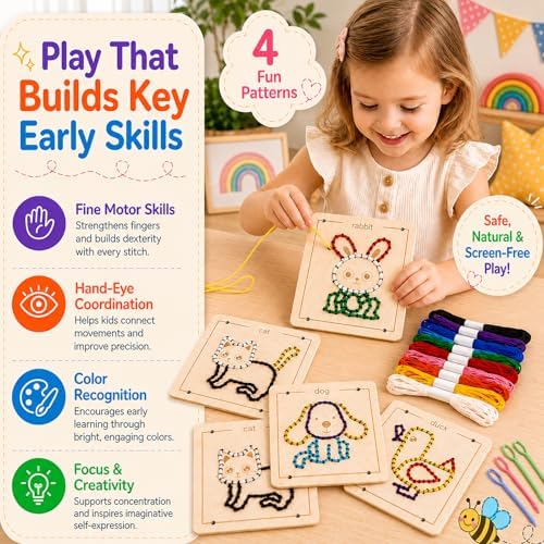 Montessori Wooden Lacing Toys for Toddlers and Kids Ages 2-4 5-7, Sewing Kit Fine Motor Skill Busy Board, Education Sensory Preschool Toy for 1 2 3 4 Year Olds, Birthday Gift for Boys and Girls