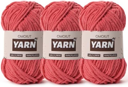 3 Packs Plush Chenille Chunky Crochet Yarn - Baby Yarn for Crocheting Soft - Velvet Yarns Knitting for Blankets Crafts - Fluffy Amigurumi Yarns 150g / 196.8yds (3 Watermelon Red)