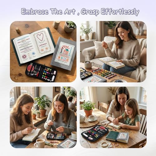 majusaccessory Embroidery Stitch Book Kit for Beginners,106 Patterns & 27 Full Tool Set with Video Instructions, Portable All in One Kit for Stress Relief & Relaxation, Perfect for Leisure Time, Gift