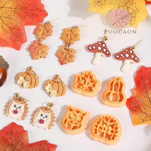 Puocaon Fall Polymer Clay Cutters - 15 Pcs Fall Themed Pumpkin Maple Leaf Mushroom Owl Fox for Earrings Jewelry Making Autumn Clay Earrings Cutters