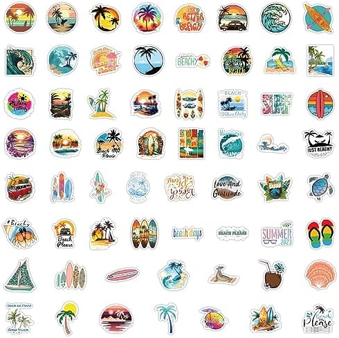 120PCS Hawaii Themed Stickers for Water Bottles, Summer Beach Scene Sticker Pack for Water Bottles Surfboard Laptop Surfing Journal Scrapbook, Tropical Vacation Travels Decals Décor for Adults
