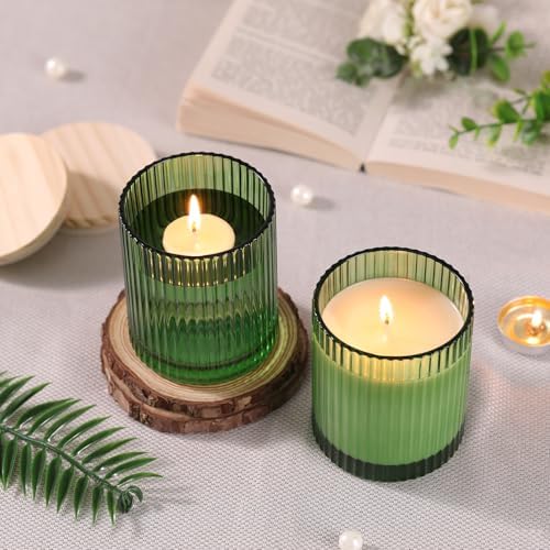 Green Candle Jars with Lids, 8-Pack 12oz Ribbed Glass Candle Containers