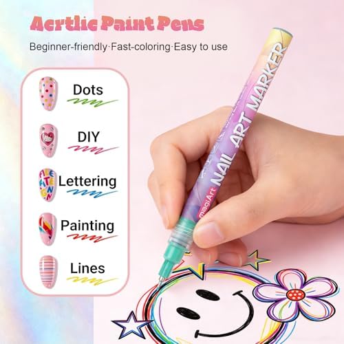YOUKOYI Nail Art Pens, 12 Colors Precision Tip Nail Art Markers Set Easy to Use for Beginners, Vibrant Quick-Dry Paint for DIY Nail Design & Detailed Drawing - Professional Manicure Tools Kit
