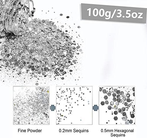 HEMOER Silver Glitter, 100g/3.5oz Holographic Chunky Glitter Mixed Hexagon Chunky & Fine Flakes Iridescent Sequins for Epoxy Crafts, Resin, Nail Body, Tumblers, Party Decoration