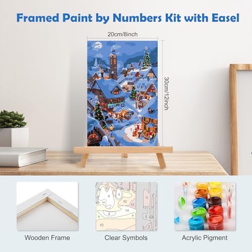 MOGTAA Christmas Paint by Numbers Kit for Adults Beginners with Frame, Christmas Winter Adult Paint by Number Kits on Canvas with Easel, Easy DIY Oil Painting Kits for Home Decor, 8x12in