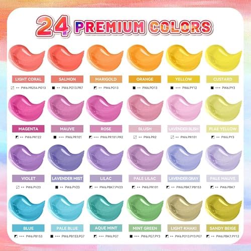 40 Pcs Acrylic Paint Set, 24 Colors 2oz/60ml Rich Pigments (Pastel)