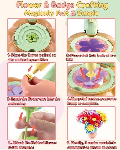 Rainbow World 2 in 1 Fabric Flower Press for Kids, DIY Flower Bouquet Kit with Button Maker, Embossing Tool STEM Toy, Screen-Free Activity for 4-8 Girls Boys