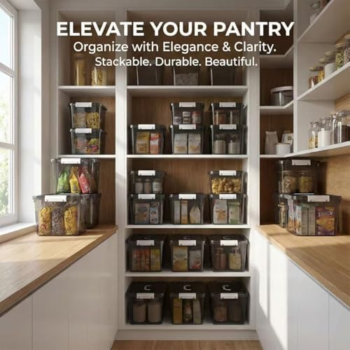 Stackable Plastic Black Storage Bins with Lids 6 Pack, 12 Quart Modular Organizer Boxes with Secure Latches for Closet, Pantry, Office and Small Item Storage
