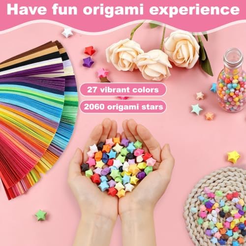 Phinus 2060 Sheets Origami Paper, 27 Assortment Colors Double Sided Star Paper Strips, 8.3 x 0.6 Inch Lucky Origami Star Paper Strips for DIY Hand Art Crafts
