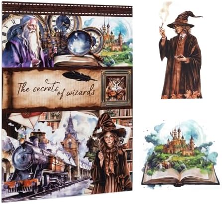 Pre-Cut Magic Sticker Book for Junk Journal, 20 Sheets Wizard Sticker Vintage Ephemera PET Washi Paper Materials for Scrapbooking, Journaling, Collage