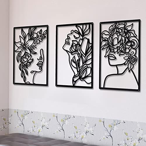CHENGU 3 Pieces Metal Minimalist Abstract Woman Wall Art Line Drawing Wall Art Decor Single Line Female Home Hanging for Kitchen Bathroom Living Room