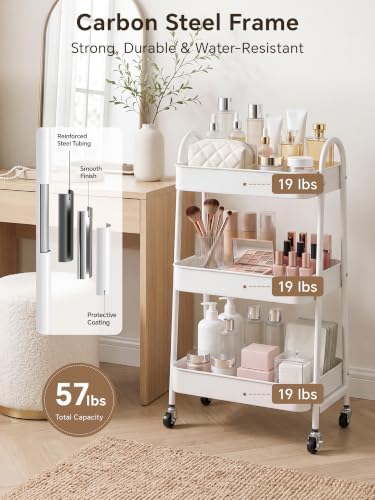 Booklov Rolling Makeup Cart Organizer, 3 Tier Utility Storage Cart, White