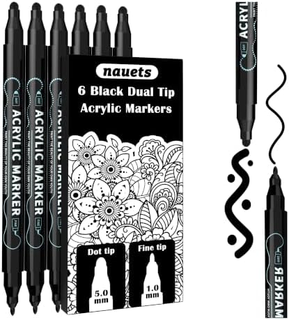 nauets 6 Black Dual Tip Acrylic Paint Markers Pens - Dot & Fine