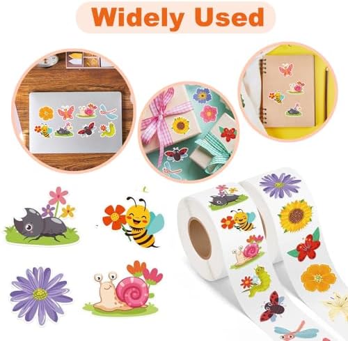 2 Rolls Spring Stickers for Kids, 1000PCS Summer Flowers Butterfly Insect Colorful for Envelopes Gifts Decor Reward Sticker in 16 Design,Incentive Sticker for Classroom,Animal Stickers for Toddlers