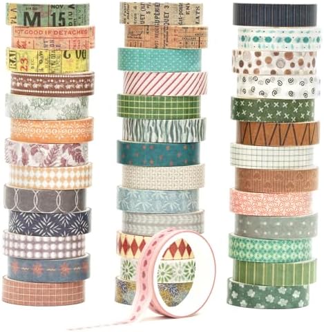 YUBBAEX 40 Rolls Basic Washi Tape Set Cute Printed Patterns Masking Skinny Creative Decorative Tapes for Arts, DIY Crafts, Journals, Planners, Scrapbook, Wrapping (Retroism 2)