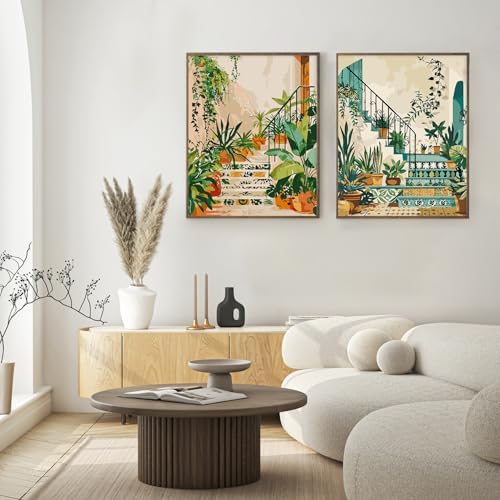 Possoco 2 Pack Paint by Numbers Kit for Adults Beginner, Boho Green Plant Adult Paint by Number Kits on Canvas, DIY Acrylic Number Painting for Adults for Home Wall Decor Gift 16x20 Inch