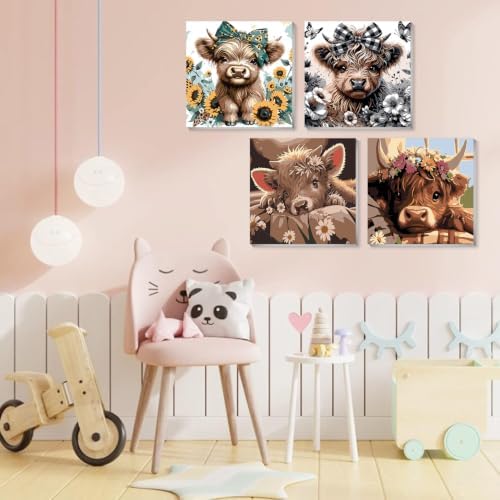 4 Pack Framed Paint By Numbers Kit for Adults, Cow Paint By Number Kits