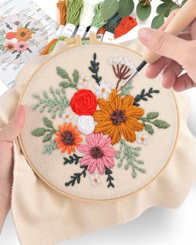 ERKOON Punch Needle Kit Adults Beginners, 2 Pcs DIY Easy Flower Embroidery Set for Starter Art Craft, Needling Punching Project with Patterns, Tools, Yarns, Hoop, Instruction (Colorful Flowers)