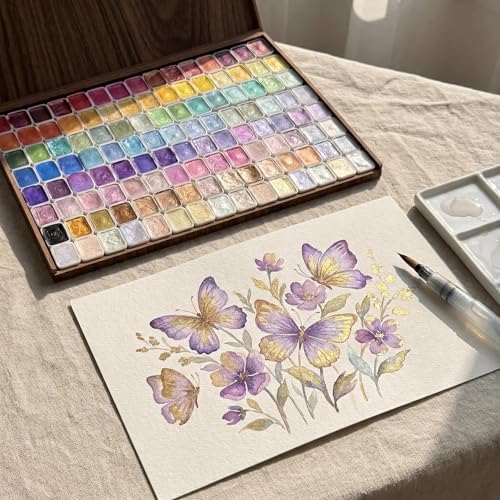 Forestry Shifting Watercolor Painting Set，Shifting Watercolor Painting Set，20 Colors Watercolor Painting Set，Metallic Watercolors，Glitter Watercolor Paint For Children Adults Art Painting (Wooden box 60 colors)