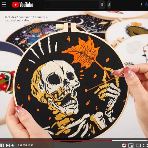 Crafmanoe Halloween Gothic Embroidery Starter Kit for Beginners Adults, Skull Skeleton Stamped Cross Stitch Kits for Beginners Adults, Funny Fall Hand Embroidery Needlepoint Kits with Video Tutorial