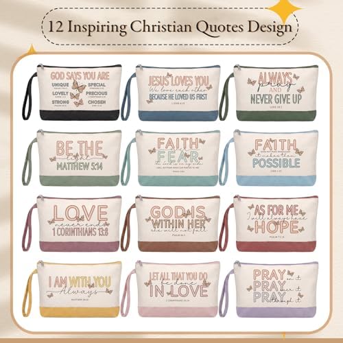 12 Pcs Jesus Canvas Makeup Bags with Zipper DIY Craft Morandi Cosmetic Bags Bulk Heat Transfer Travel Toiletry Pouch for Women Colleagues Friends Christmas Vacation