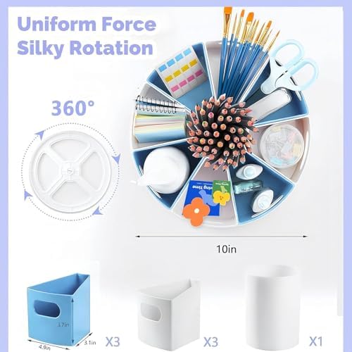 Rotating Art Supply Organizer Storage Caddy for Kids, 7 Bins Craft Crayon Marker Organizers for School Desk, Lazy Susan Pencil Holder for Classroom Organizations (blue and white)