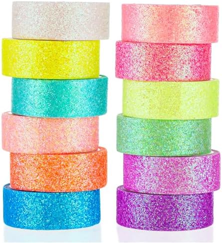 TIESOME 12 Rolls Glitter Washi Tape Set, 15mm Macaron Cute Colored Masking Tape, Decorative Masking Tapes for DIY, Scrapbook, Journal, Gift Wrapping, Crafts