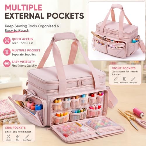 AMOIGEE Sewing Organizer Bag with 2 Clear Storage Boxes, Double Layer Sewing Storage Bag with Removable Pouches & Adjustable Dividers for Thread, Needles, Scissors, Embroidery Floss&Craft Accessories