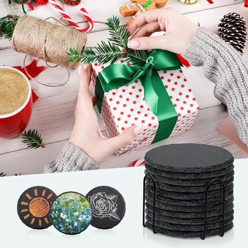 24 Pack 4 Inch Round Black Slate Coasters Set with Storage Holder