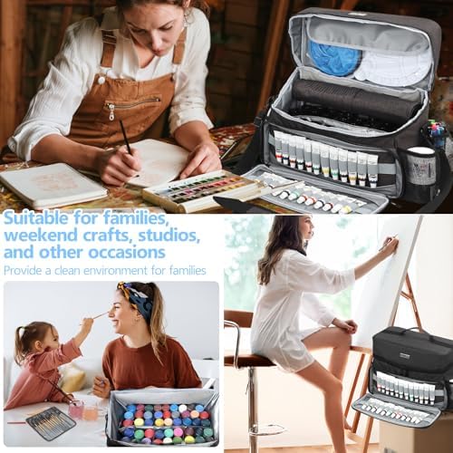 Acrylic Paint and Brush Set Organizer Bag - Carrying Case Compatible with Apple Barrel, Shuttle Art, Caliart Art Supplies - Includes Detachable Paint Brush Holder - for Home/Travel/Outdoor (Pro Black)