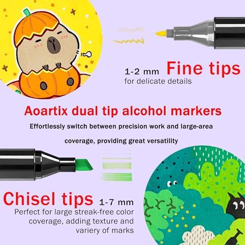 Alcohol Markers, 48 Colors Dual Tip Fine & Chisel Permanent Drawing Markers | Alcohol Based Coloring Pens for Illustration Drawing Sketch Books Supplies, with Case for Kids Artists & Beginners, Non-Toxic