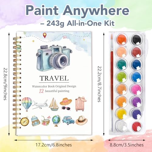 Easy Watercolor Workbook for Beginners - 12 Beautiful Step-by-Step Paintings Water Coloring Book, Includes 16 Colors Paints, Relaxing Art Projects and Creative Gift for Adults & Teen (Travel)