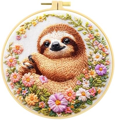 Zhenqing Sloth Embroidery Kit for Beginners, Cute Sloth & Floral Needlework Craft with Pre-Printed Cotton Fabric, Hoop, Threads & Tools, Boho Decor (C0069)