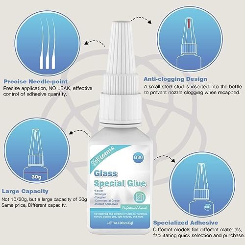 Glass Glue, 30g, Instant Strong Bond for Glass, Acrylic, Waterproof, Dries Clear, Quick Curing, Ideal for Craft, Jewelry, Rhinestone, Crystal, Mirror, Glasses